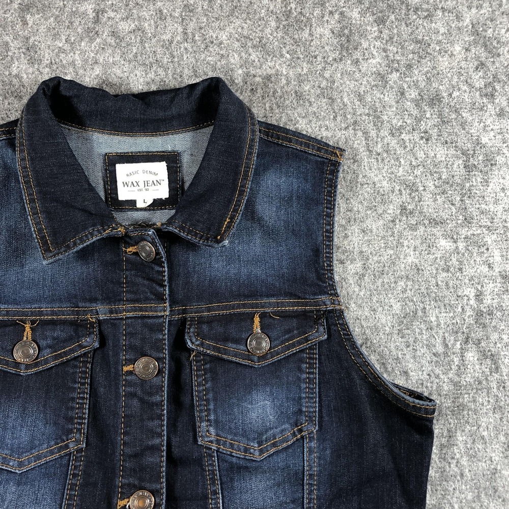 Wax Jean Womens Large Blue Stretch Denim Trucker Vest Button Front - Picture 4 of 14